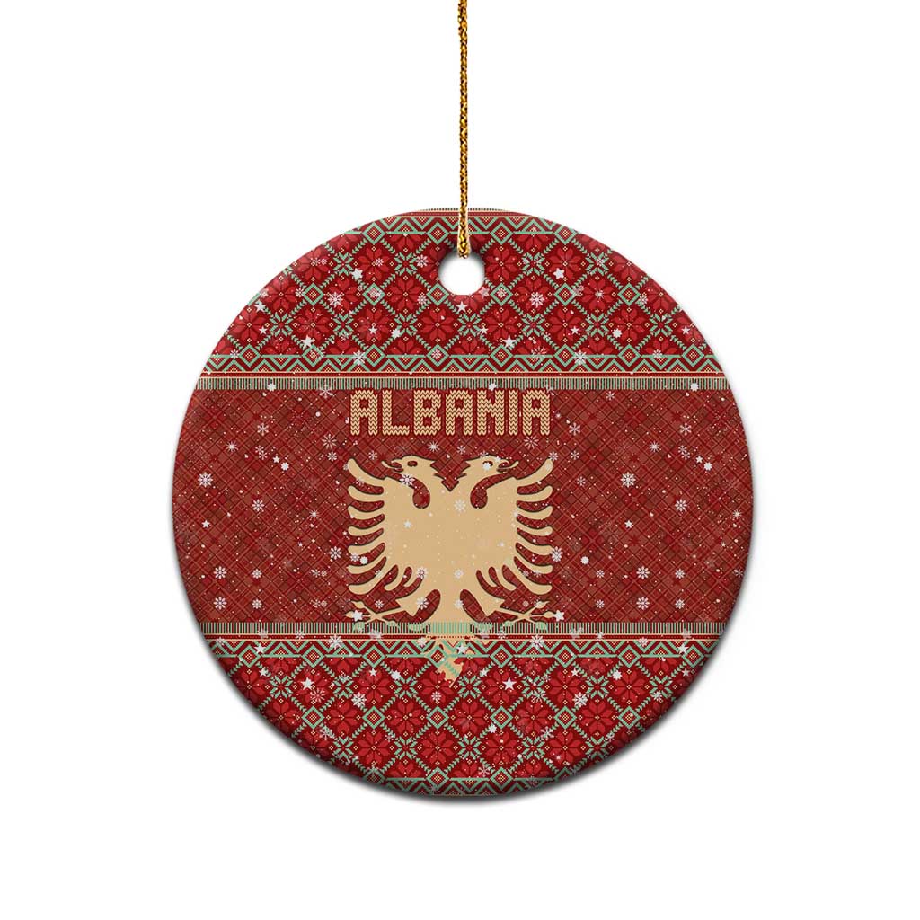 Albania Christmas Ceramic Ornament with Red Geometric Design, Golden Double-Headed Eagle, and Santa Motif - Wonder Print Shop