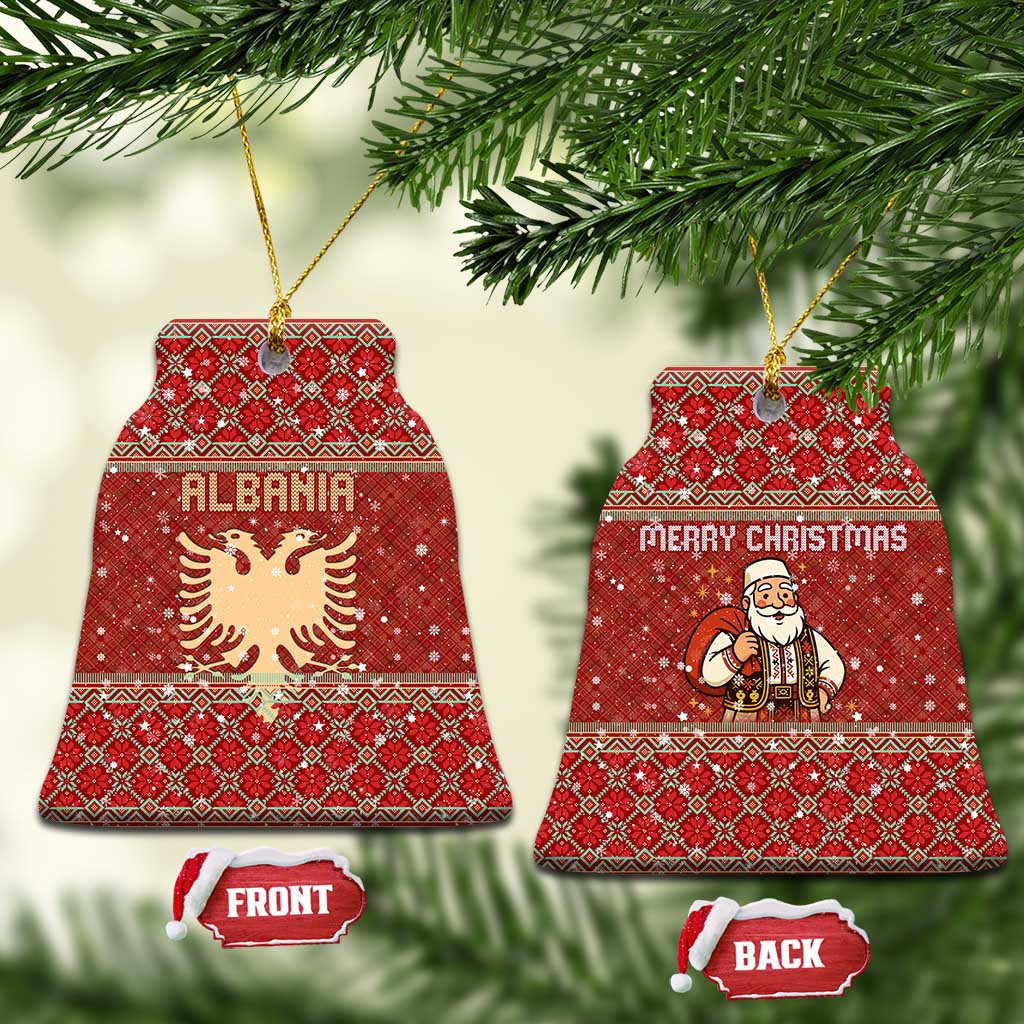 Albania Christmas Ceramic Ornament with Red Geometric Design, Golden Double-Headed Eagle, and Santa Motif - Wonder Print Shop