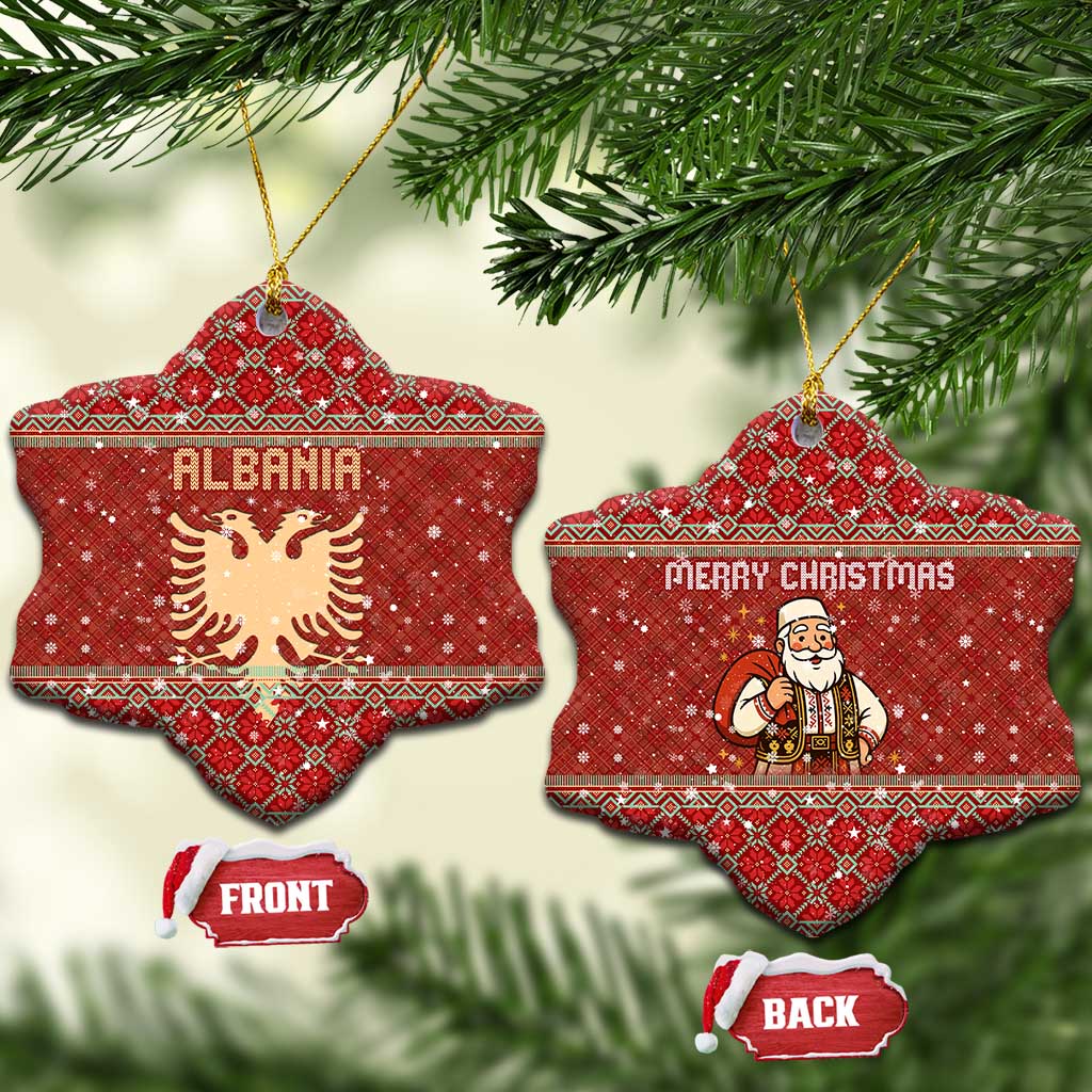 Albania Christmas Ceramic Ornament with Red Geometric Design, Golden Double-Headed Eagle, and Santa Motif - Wonder Print Shop