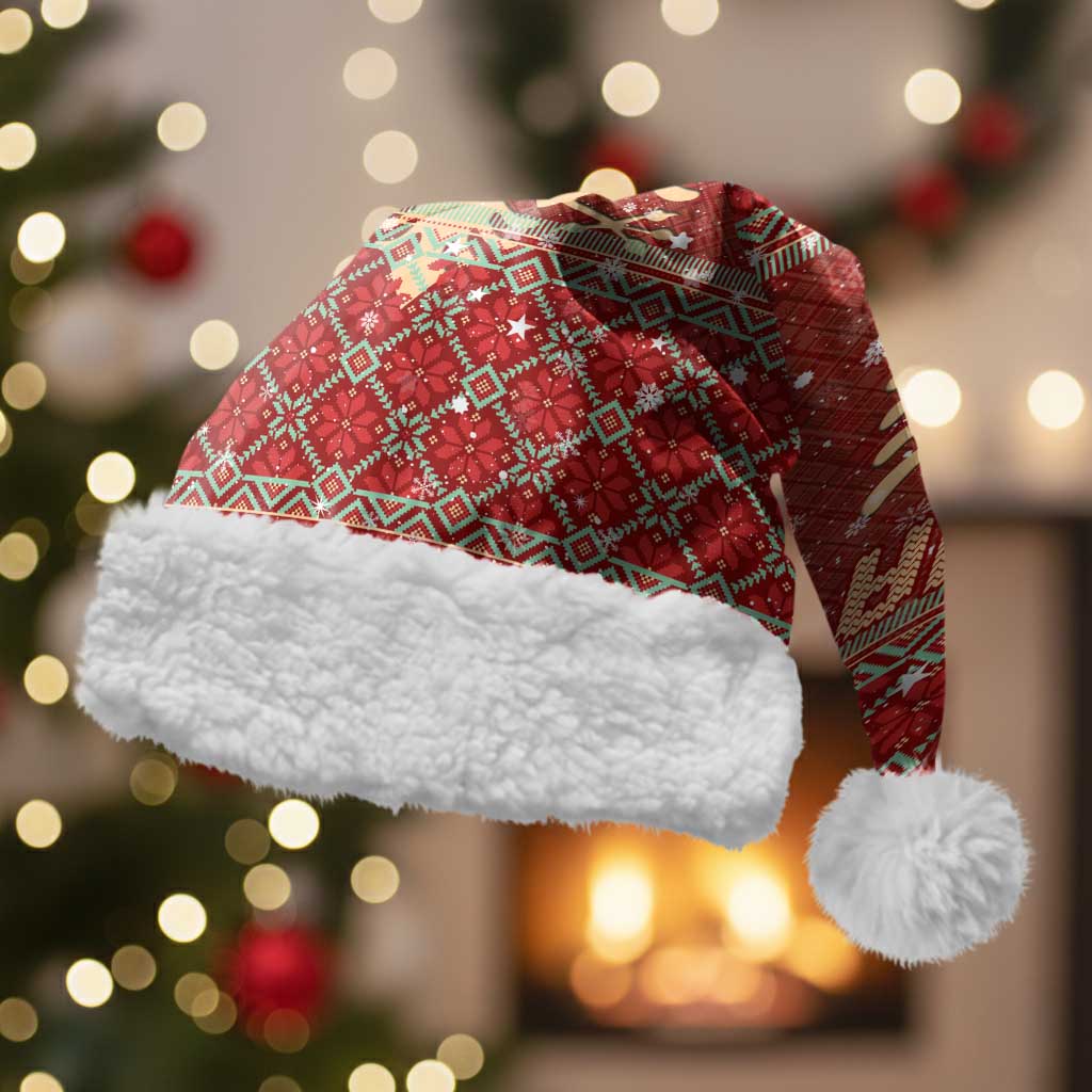 Albania Christmas Santa Hat with Red Geometric Design, Golden Double-Headed Eagle, and Santa Motif - Wonder Print Shop