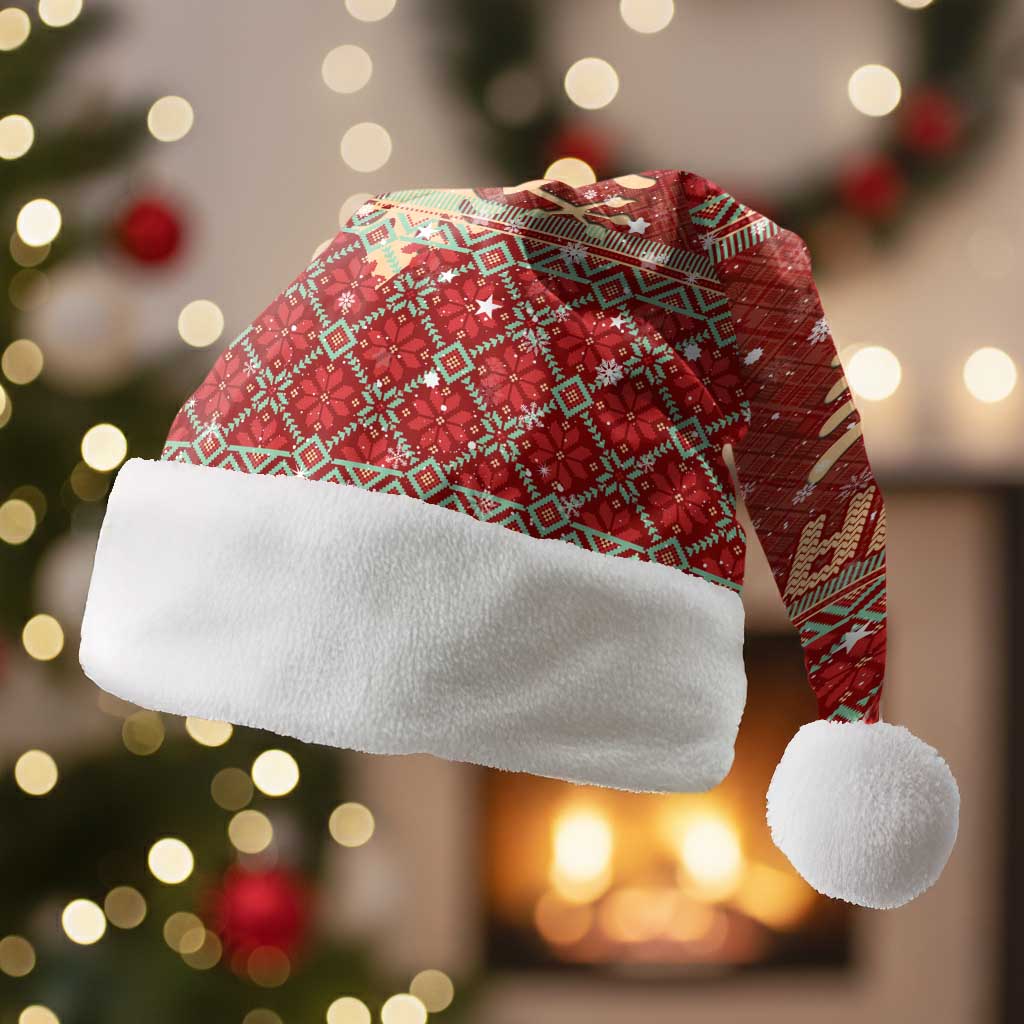 Albania Christmas Santa Hat with Red Geometric Design, Golden Double-Headed Eagle, and Santa Motif - Wonder Print Shop