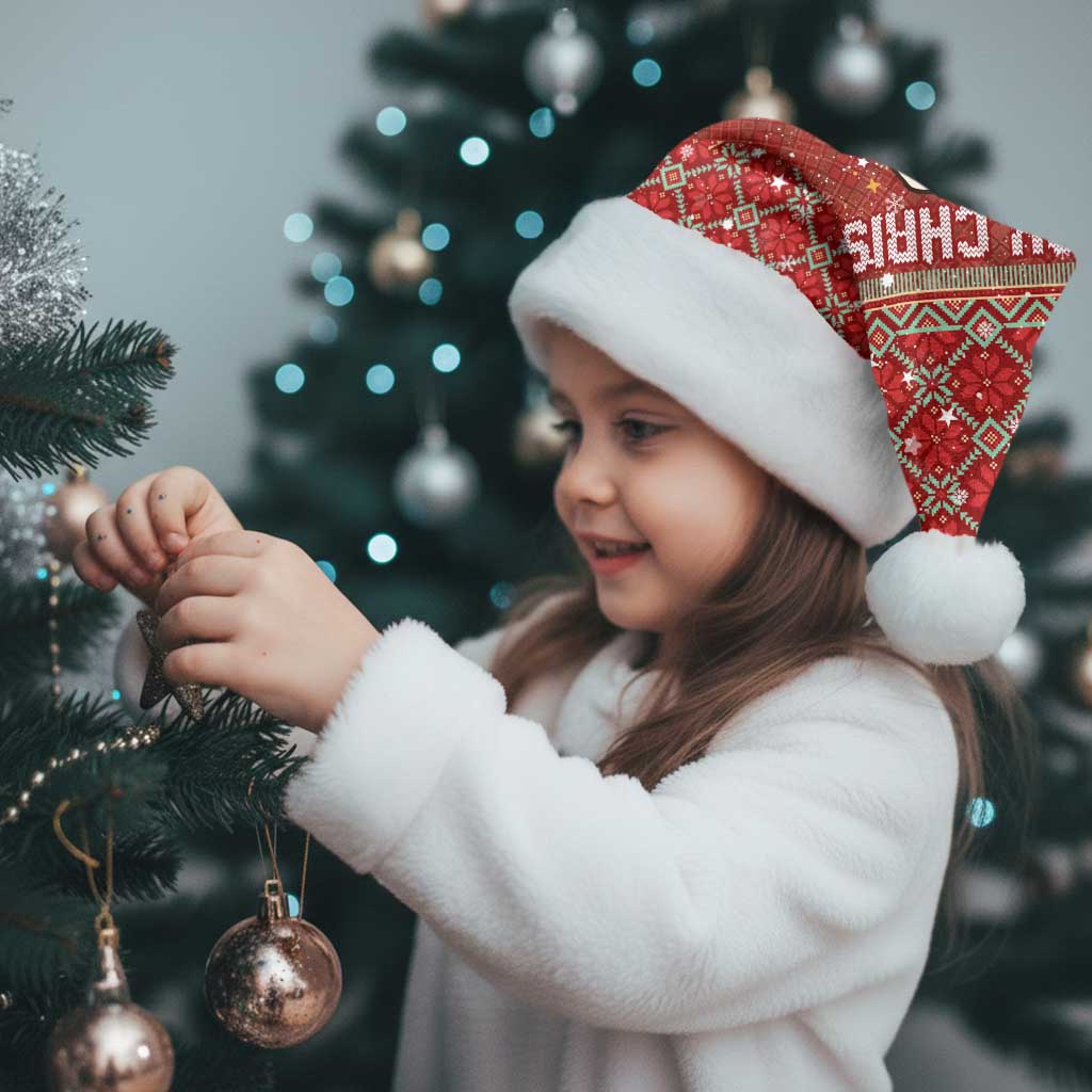 Albania Christmas Santa Hat with Red Geometric Design, Golden Double-Headed Eagle, and Santa Motif - Wonder Print Shop