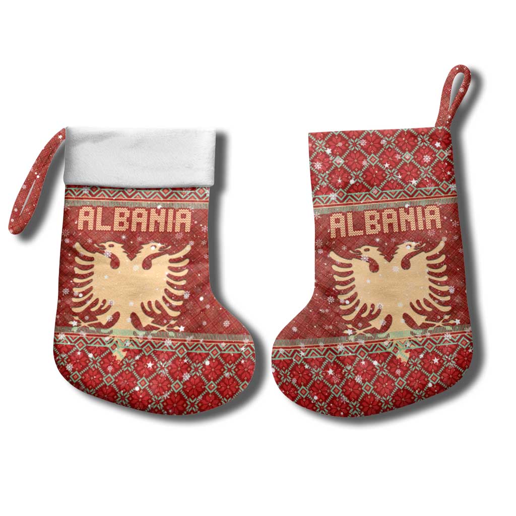 Albania Christmas Stocking with Red Geometric Design, Golden Double-Headed Eagle, and Santa Motif - Wonder Print Shop