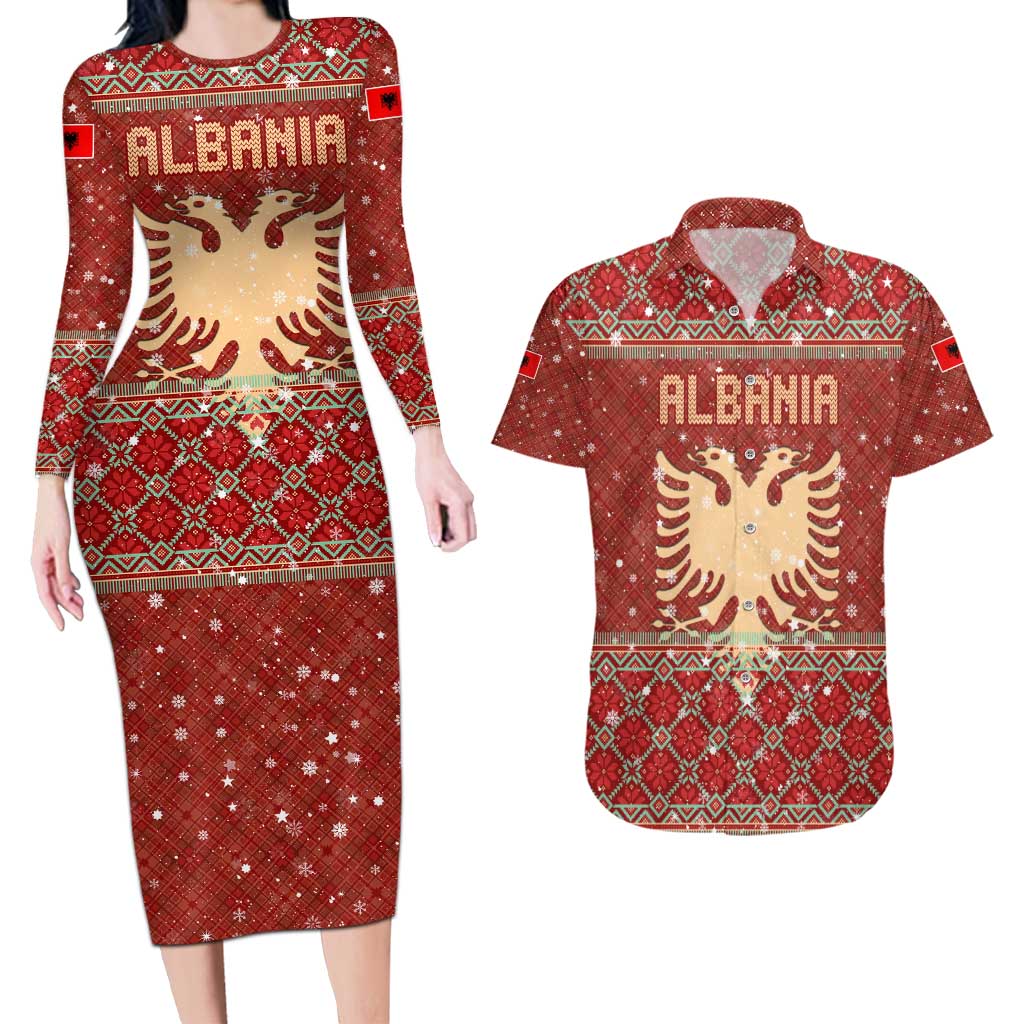Albania Christmas Couples Matching Long Sleeve Bodycon Dress and Hawaiian Shirt with Red Geometric Design, Golden Double-Headed Eagle, and Santa Motif - Wonder Print Shop