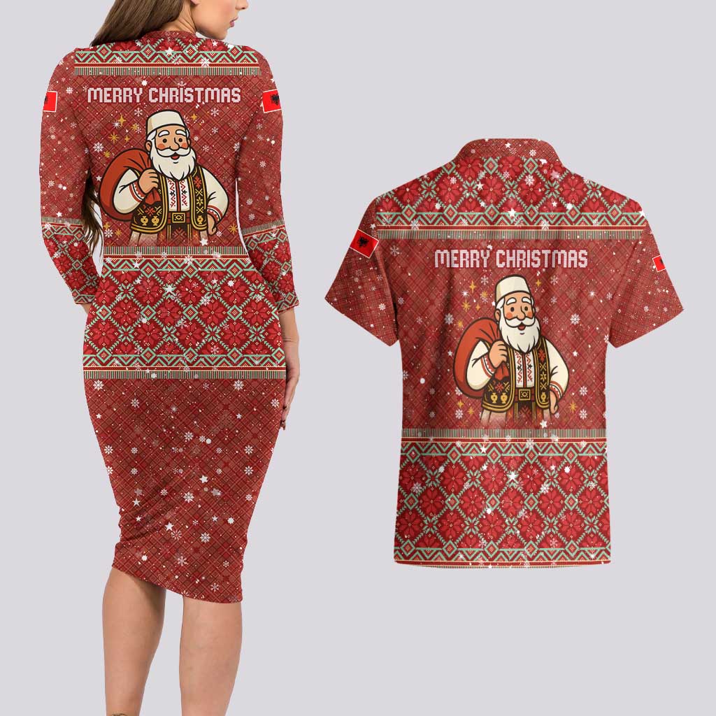 Albania Christmas Couples Matching Long Sleeve Bodycon Dress and Hawaiian Shirt with Red Geometric Design, Golden Double-Headed Eagle, and Santa Motif - Wonder Print Shop