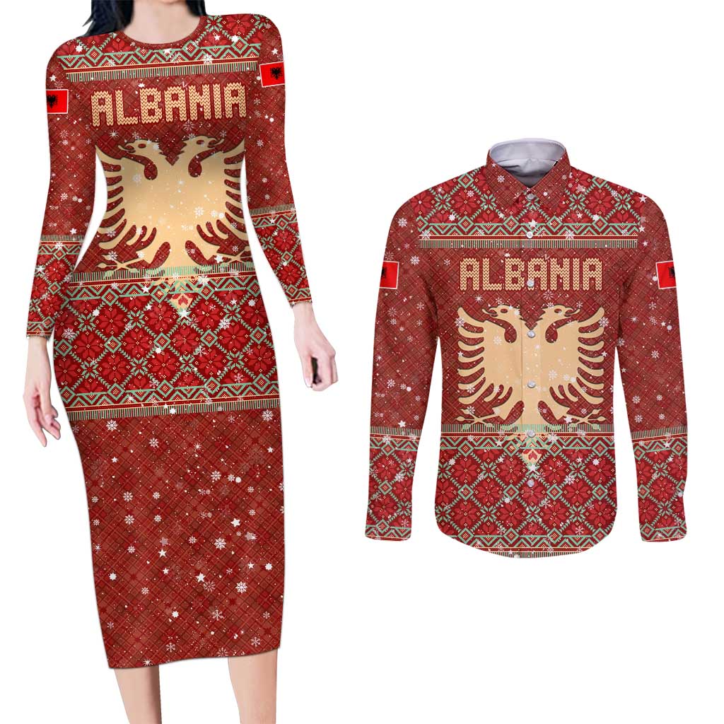 Albania Christmas Couples Matching Long Sleeve Bodycon Dress and Long Sleeve Button Shirt with Red Geometric Design, Golden Double-Headed Eagle, and Santa Motif - Wonder Print Shop