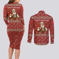 Albania Christmas Couples Matching Long Sleeve Bodycon Dress and Long Sleeve Button Shirt with Red Geometric Design, Golden Double-Headed Eagle, and Santa Motif - Wonder Print Shop