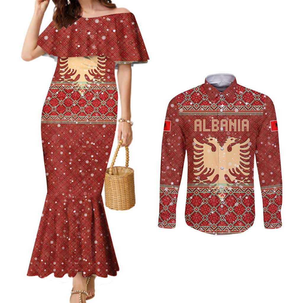Albania Christmas Couples Matching Mermaid Dress and Long Sleeve Button Shirt with Red Geometric Design, Golden Double-Headed Eagle, and Santa Motif - Wonder Print Shop