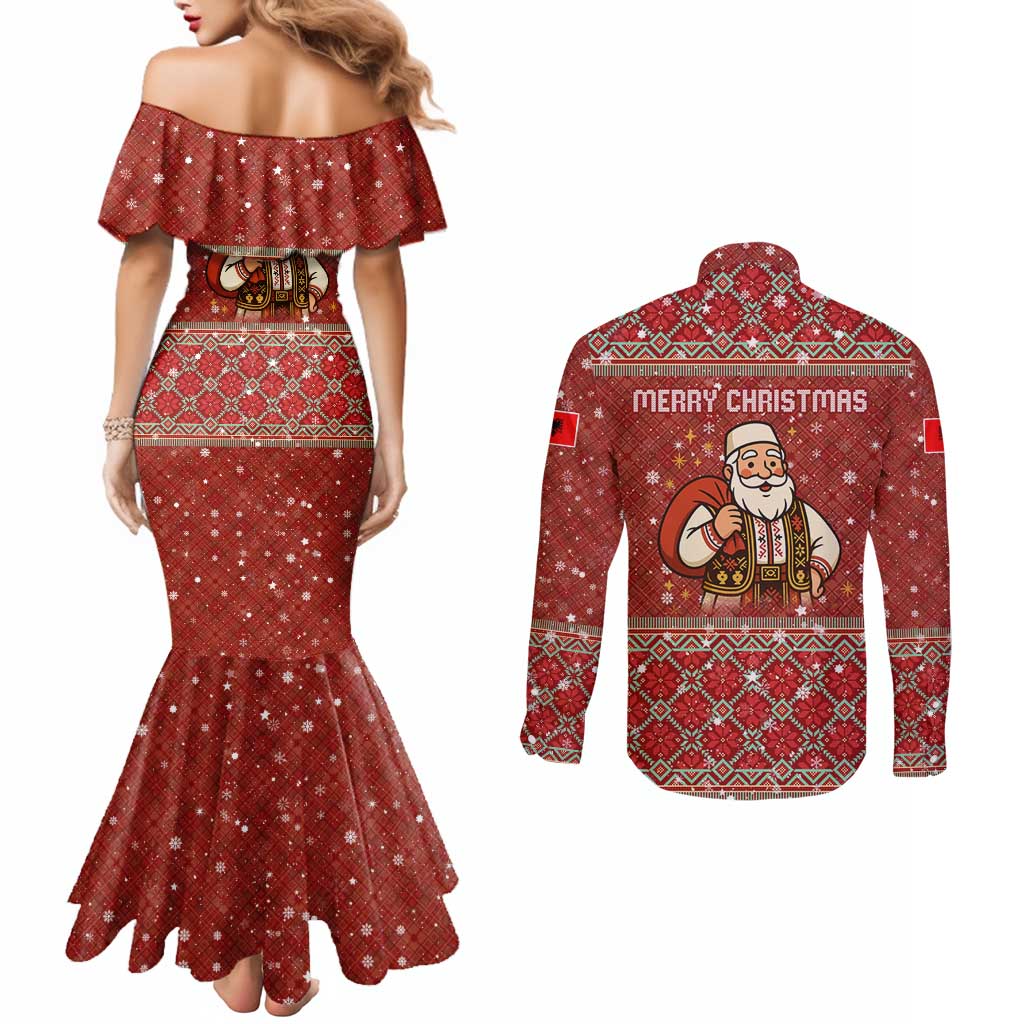Albania Christmas Couples Matching Mermaid Dress and Long Sleeve Button Shirt with Red Geometric Design, Golden Double-Headed Eagle, and Santa Motif - Wonder Print Shop
