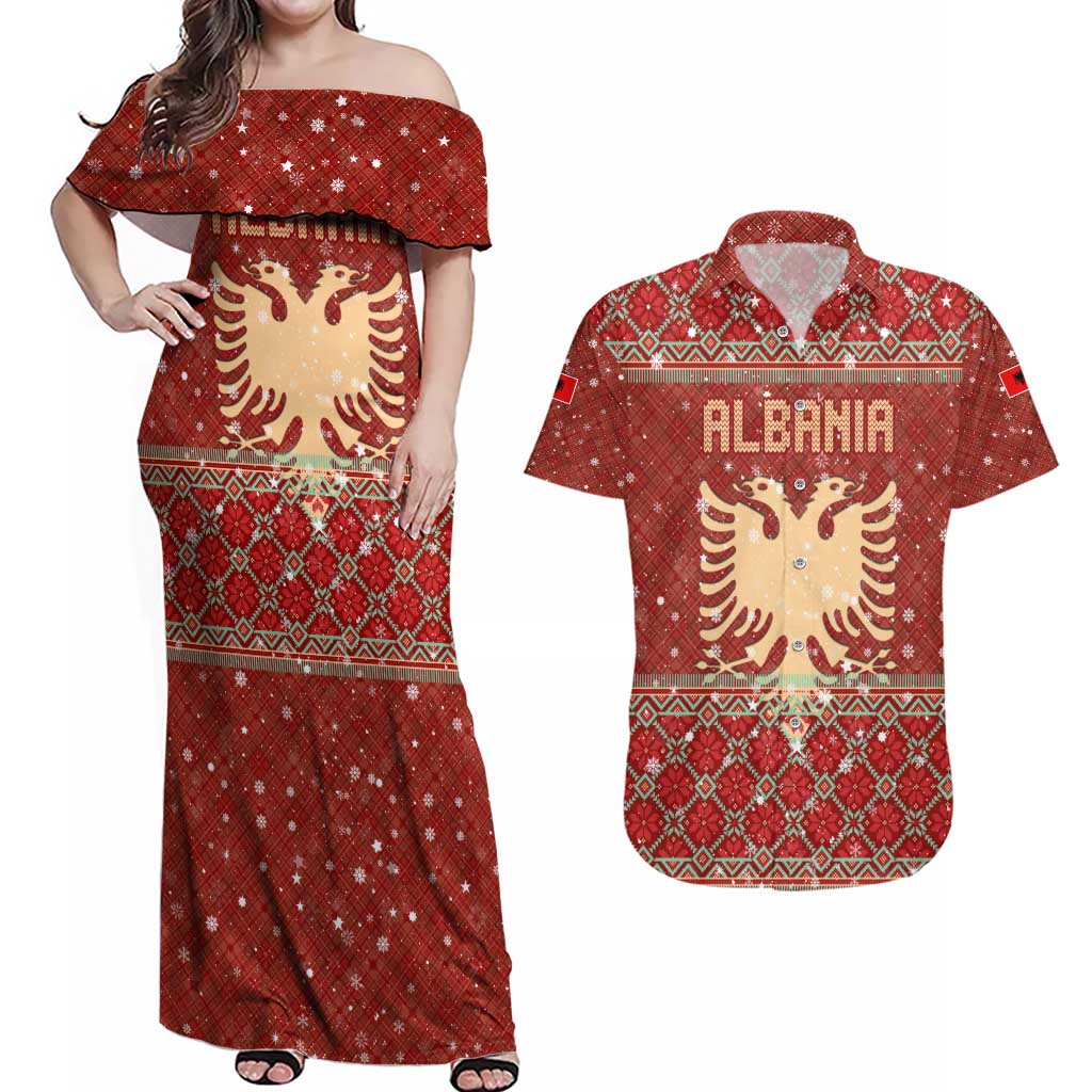 Albania Christmas Couples Matching Off Shoulder Maxi Dress and Hawaiian Shirt with Red Geometric Design, Golden Double-Headed Eagle, and Santa Motif - Wonder Print Shop