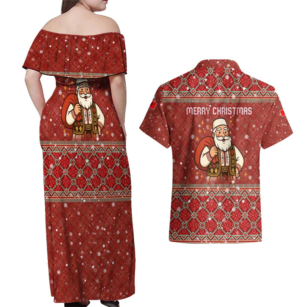 Albania Christmas Couples Matching Off Shoulder Maxi Dress and Hawaiian Shirt with Red Geometric Design, Golden Double-Headed Eagle, and Santa Motif - Wonder Print Shop