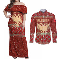 Albania Christmas Couples Matching Off Shoulder Maxi Dress and Long Sleeve Button Shirt with Red Geometric Design, Golden Double-Headed Eagle, and Santa Motif - Wonder Print Shop