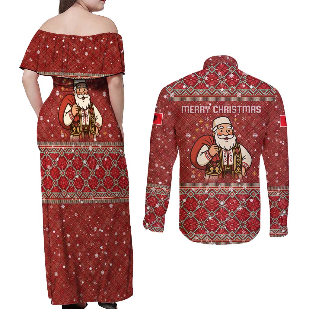 Albania Christmas Couples Matching Off Shoulder Maxi Dress and Long Sleeve Button Shirt with Red Geometric Design, Golden Double-Headed Eagle, and Santa Motif - Wonder Print Shop
