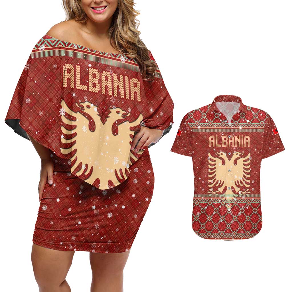 Albania Christmas Couples Matching Off Shoulder Short Dress and Hawaiian Shirt with Red Geometric Design, Golden Double-Headed Eagle, and Santa Motif - Wonder Print Shop