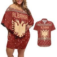 Albania Christmas Couples Matching Off Shoulder Short Dress and Hawaiian Shirt with Red Geometric Design, Golden Double-Headed Eagle, and Santa Motif - Wonder Print Shop