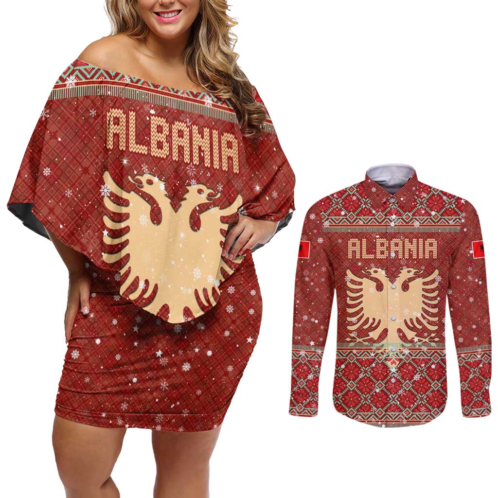 Albania Christmas Couples Matching Off Shoulder Short Dress and Long Sleeve Button Shirt with Red Geometric Design, Golden Double-Headed Eagle, and Santa Motif - Wonder Print Shop