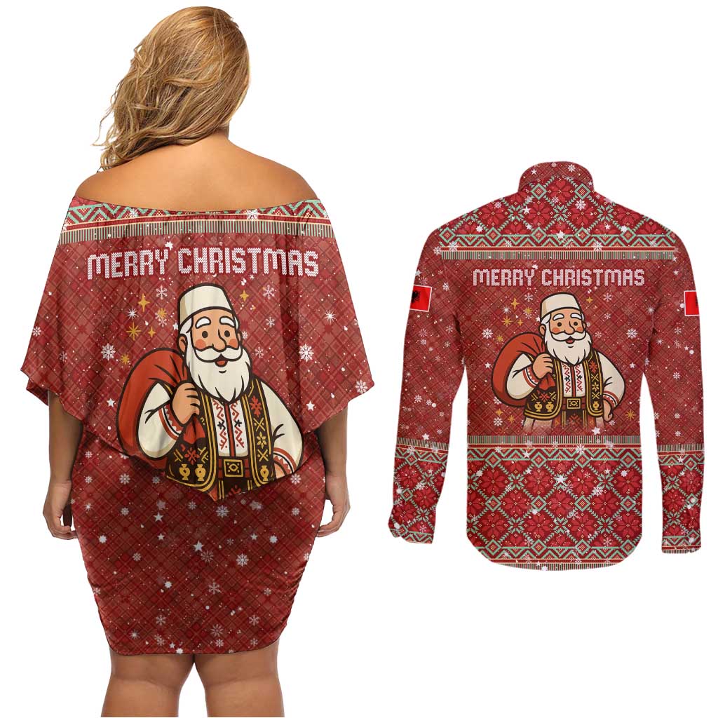 Albania Christmas Couples Matching Off Shoulder Short Dress and Long Sleeve Button Shirt with Red Geometric Design, Golden Double-Headed Eagle, and Santa Motif - Wonder Print Shop