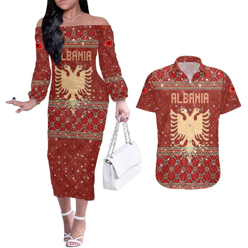 Albania Christmas Couples Matching Off The Shoulder Long Sleeve Dress and Hawaiian Shirt with Red Geometric Design, Golden Double-Headed Eagle, and Santa Motif - Wonder Print Shop