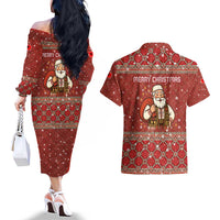 Albania Christmas Couples Matching Off The Shoulder Long Sleeve Dress and Hawaiian Shirt with Red Geometric Design, Golden Double-Headed Eagle, and Santa Motif - Wonder Print Shop