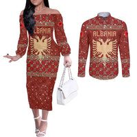Albania Christmas Couples Matching Off The Shoulder Long Sleeve Dress and Long Sleeve Button Shirt with Red Geometric Design, Golden Double-Headed Eagle, and Santa Motif - Wonder Print Shop
