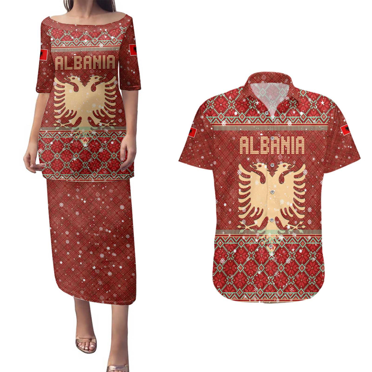 Albania Christmas Couples Matching Puletasi and Hawaiian Shirt with Red Geometric Design, Golden Double-Headed Eagle, and Santa Motif - Wonder Print Shop