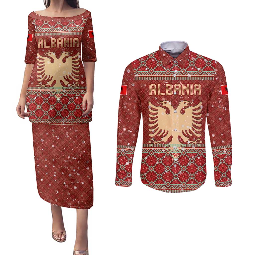 Albania Christmas Couples Matching Puletasi and Long Sleeve Button Shirt with Red Geometric Design, Golden Double-Headed Eagle, and Santa Motif - Wonder Print Shop