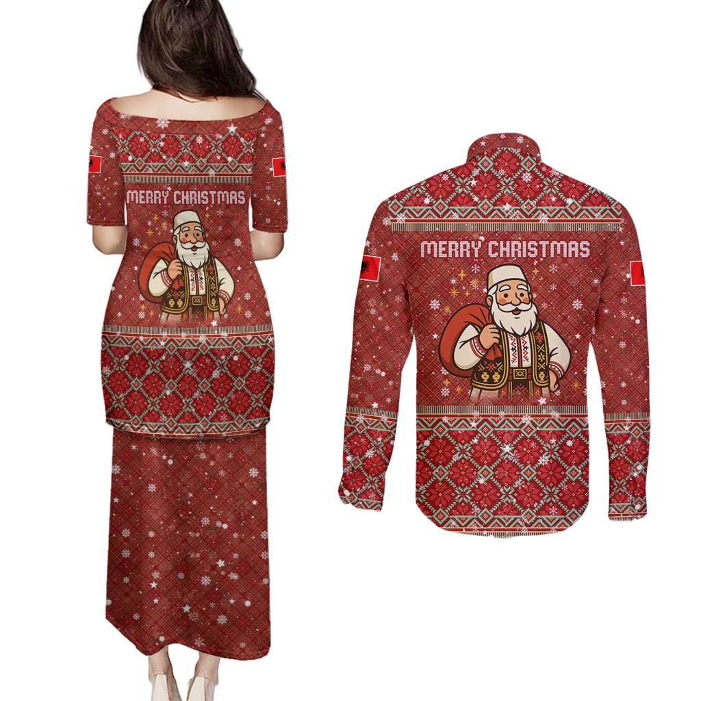 Albania Christmas Couples Matching Puletasi and Long Sleeve Button Shirt with Red Geometric Design, Golden Double-Headed Eagle, and Santa Motif - Wonder Print Shop