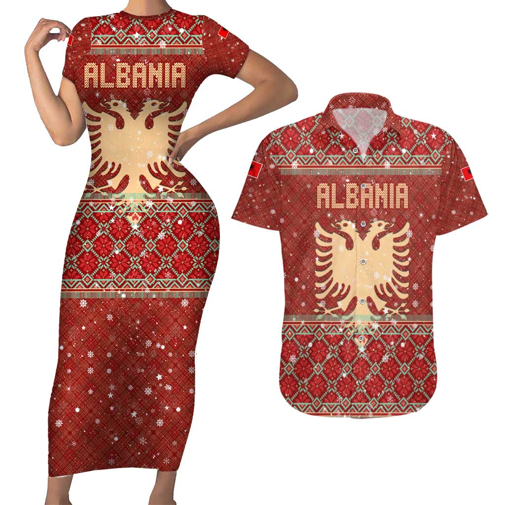 Albania Christmas Couples Matching Short Sleeve Bodycon Dress and Hawaiian Shirt with Red Geometric Design, Golden Double-Headed Eagle, and Santa Motif - Wonder Print Shop