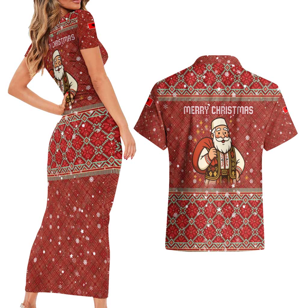 Albania Christmas Couples Matching Short Sleeve Bodycon Dress and Hawaiian Shirt with Red Geometric Design, Golden Double-Headed Eagle, and Santa Motif - Wonder Print Shop