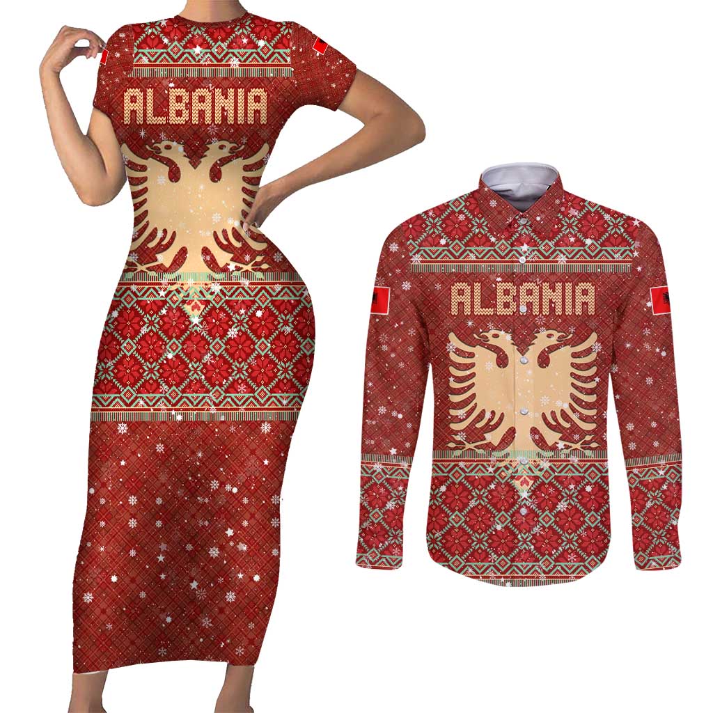 Albania Christmas Couples Matching Short Sleeve Bodycon Dress and Long Sleeve Button Shirt with Red Geometric Design, Golden Double-Headed Eagle, and Santa Motif - Wonder Print Shop