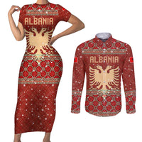 Albania Christmas Couples Matching Short Sleeve Bodycon Dress and Long Sleeve Button Shirt with Red Geometric Design, Golden Double-Headed Eagle, and Santa Motif - Wonder Print Shop