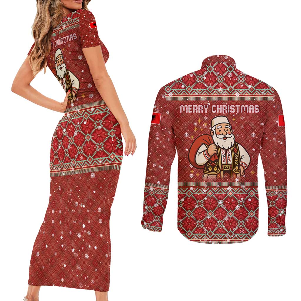 Albania Christmas Couples Matching Short Sleeve Bodycon Dress and Long Sleeve Button Shirt with Red Geometric Design, Golden Double-Headed Eagle, and Santa Motif - Wonder Print Shop