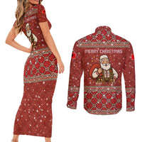 Albania Christmas Couples Matching Short Sleeve Bodycon Dress and Long Sleeve Button Shirt with Red Geometric Design, Golden Double-Headed Eagle, and Santa Motif - Wonder Print Shop