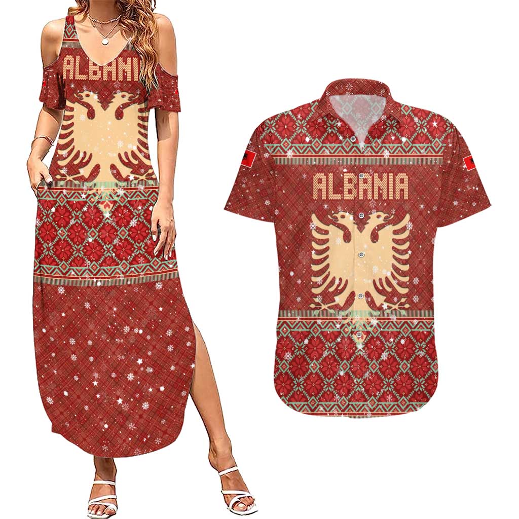 Albania Christmas Couples Matching Summer Maxi Dress and Hawaiian Shirt with Red Geometric Design, Golden Double-Headed Eagle, and Santa Motif - Wonder Print Shop