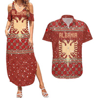 Albania Christmas Couples Matching Summer Maxi Dress and Hawaiian Shirt with Red Geometric Design, Golden Double-Headed Eagle, and Santa Motif - Wonder Print Shop