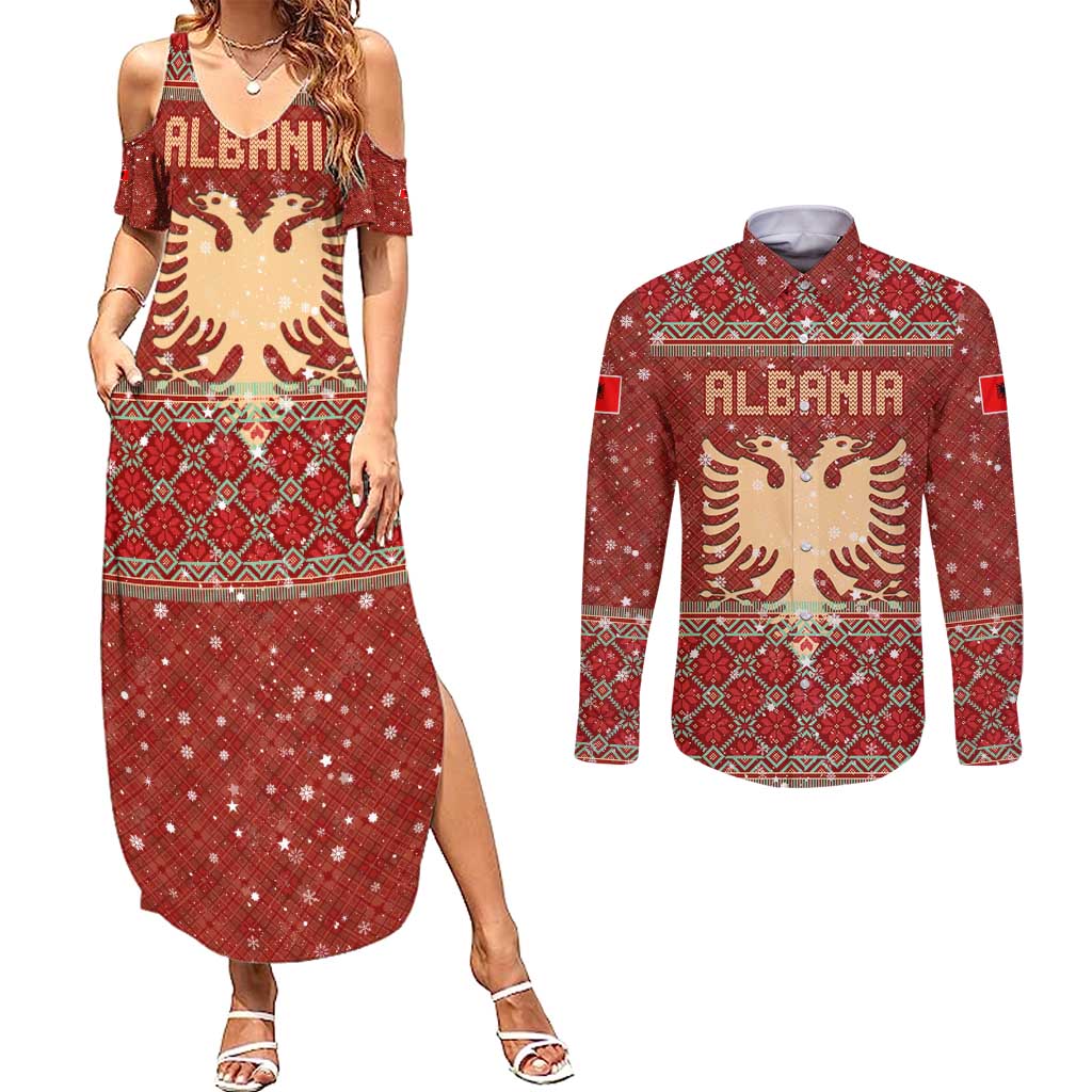 Albania Christmas Couples Matching Summer Maxi Dress and Long Sleeve Button Shirt with Red Geometric Design, Golden Double-Headed Eagle, and Santa Motif - Wonder Print Shop