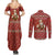 Albania Christmas Couples Matching Summer Maxi Dress and Long Sleeve Button Shirt with Red Geometric Design, Golden Double-Headed Eagle, and Santa Motif - Wonder Print Shop