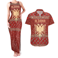 Albania Christmas Couples Matching Tank Maxi Dress and Hawaiian Shirt with Red Geometric Design, Golden Double-Headed Eagle, and Santa Motif - Wonder Print Shop