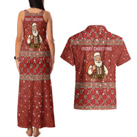 Albania Christmas Couples Matching Tank Maxi Dress and Hawaiian Shirt with Red Geometric Design, Golden Double-Headed Eagle, and Santa Motif - Wonder Print Shop