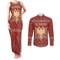 Albania Christmas Couples Matching Tank Maxi Dress and Long Sleeve Button Shirt with Red Geometric Design, Golden Double-Headed Eagle, and Santa Motif - Wonder Print Shop
