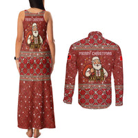 Albania Christmas Couples Matching Tank Maxi Dress and Long Sleeve Button Shirt with Red Geometric Design, Golden Double-Headed Eagle, and Santa Motif - Wonder Print Shop