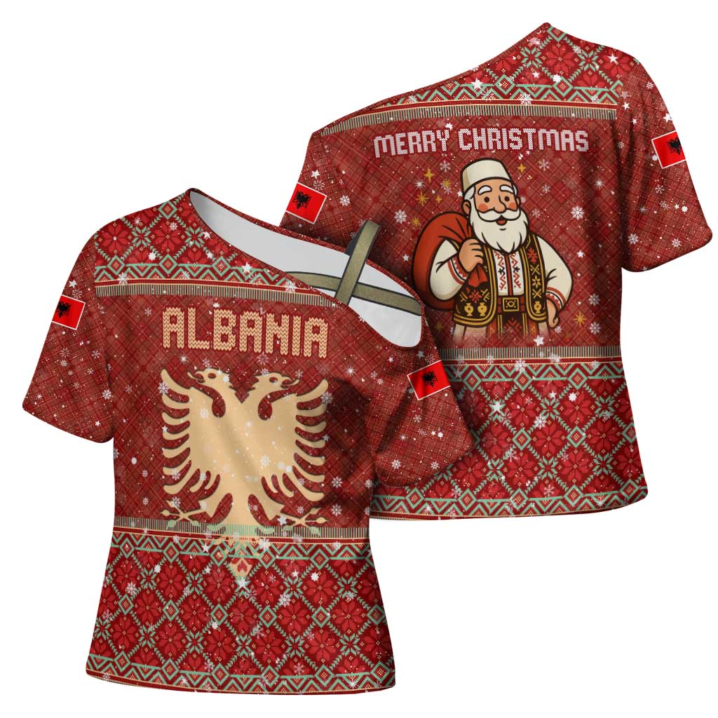 Albania Christmas Cross Shoulder Shirt with Red Geometric Design, Golden Double-Headed Eagle, and Santa Motif - Wonder Print Shop
