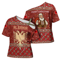 Albania Christmas Cross Shoulder Shirt with Red Geometric Design, Golden Double-Headed Eagle, and Santa Motif - Wonder Print Shop