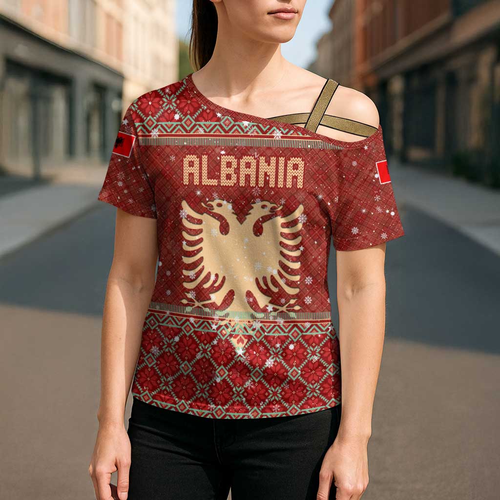 Albania Christmas Cross Shoulder Shirt with Red Geometric Design, Golden Double-Headed Eagle, and Santa Motif - Wonder Print Shop
