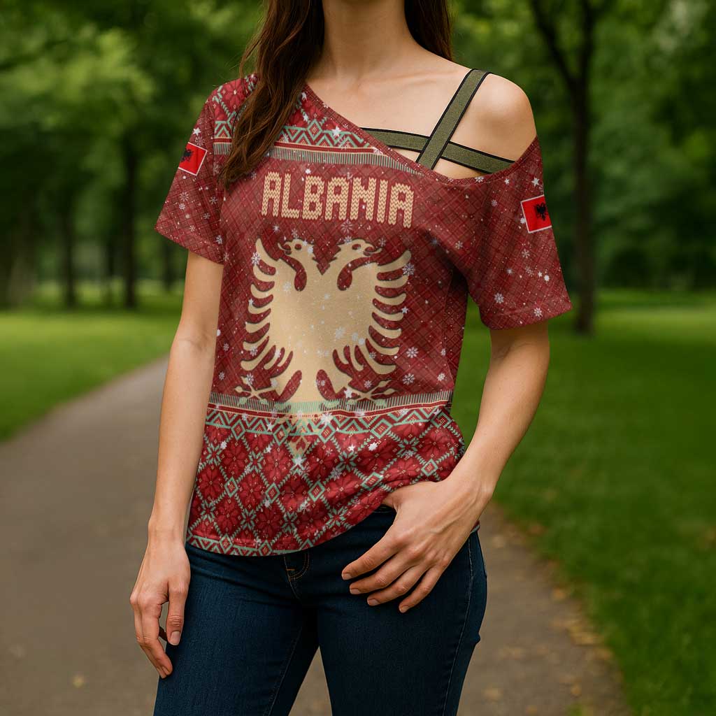 Albania Christmas Cross Shoulder Shirt with Red Geometric Design, Golden Double-Headed Eagle, and Santa Motif - Wonder Print Shop