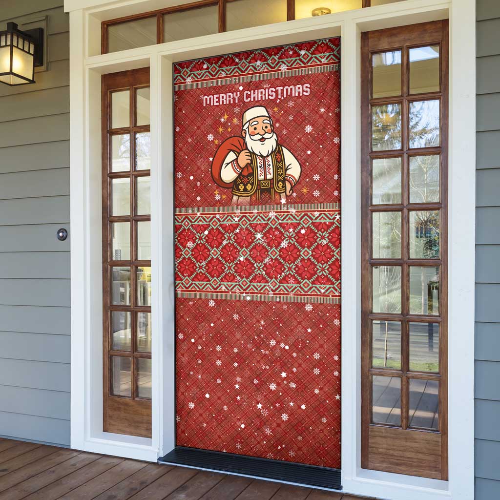 Albania Christmas Door Cover with Red Geometric Design, Golden Double-Headed Eagle, and Santa Motif - Wonder Print Shop