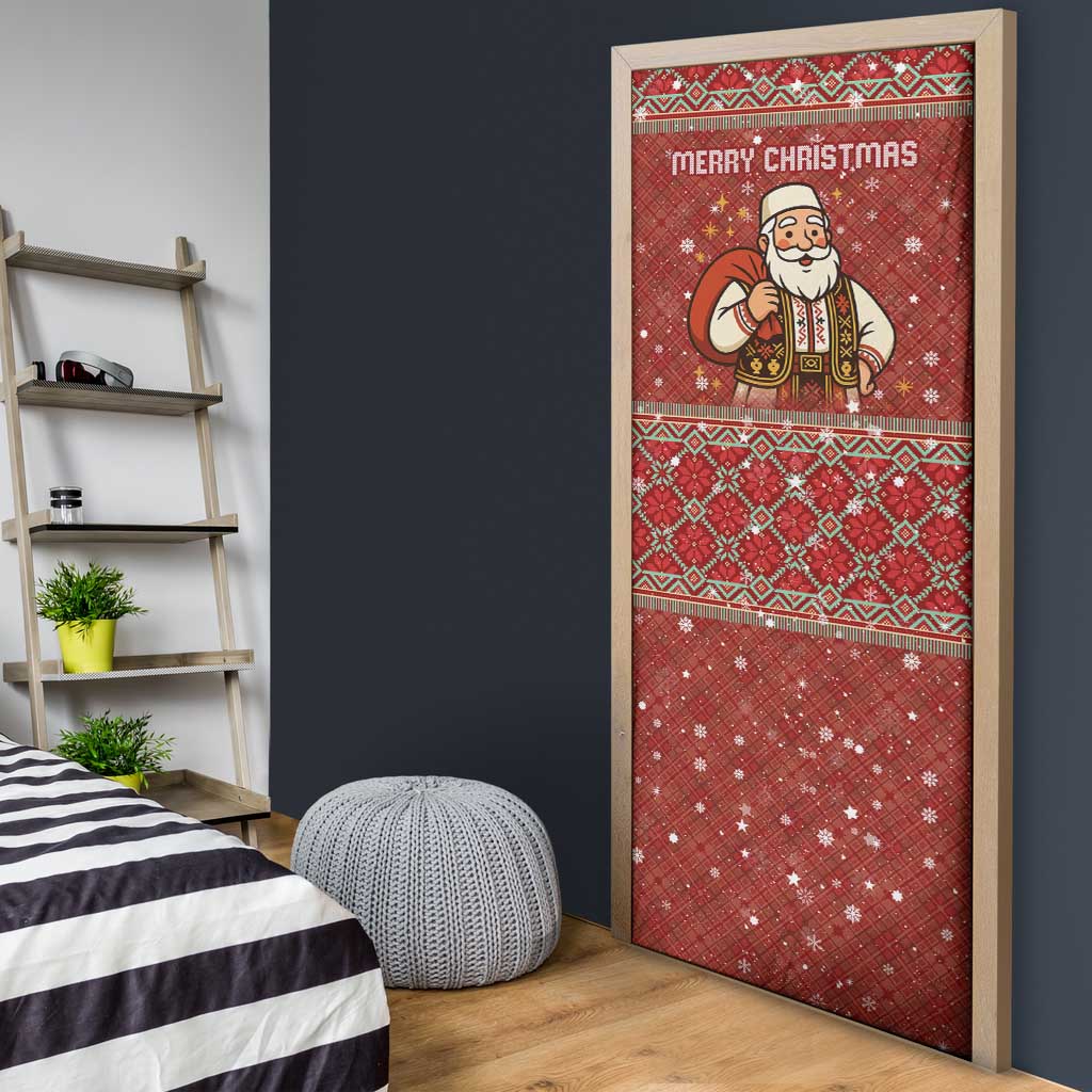 Albania Christmas Door Cover with Red Geometric Design, Golden Double-Headed Eagle, and Santa Motif - Wonder Print Shop