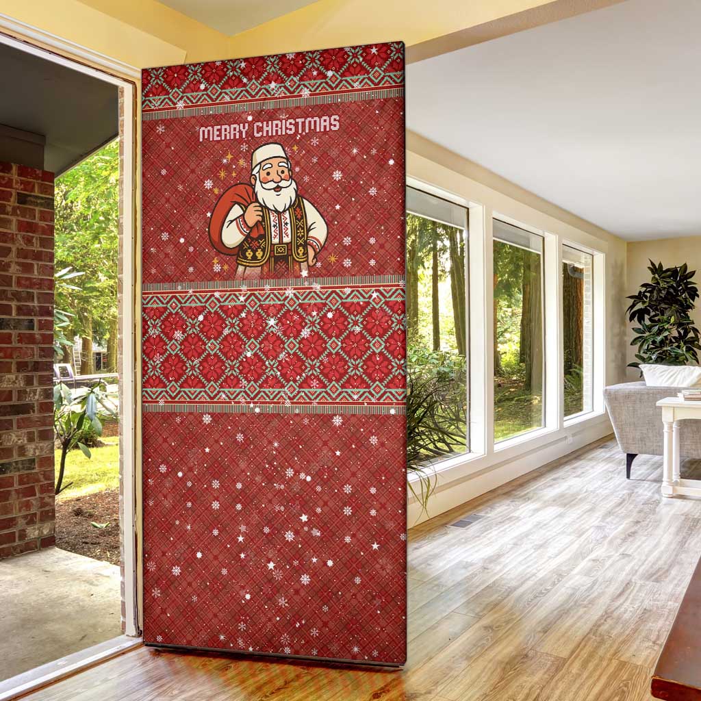 Albania Christmas Door Cover with Red Geometric Design, Golden Double-Headed Eagle, and Santa Motif - Wonder Print Shop