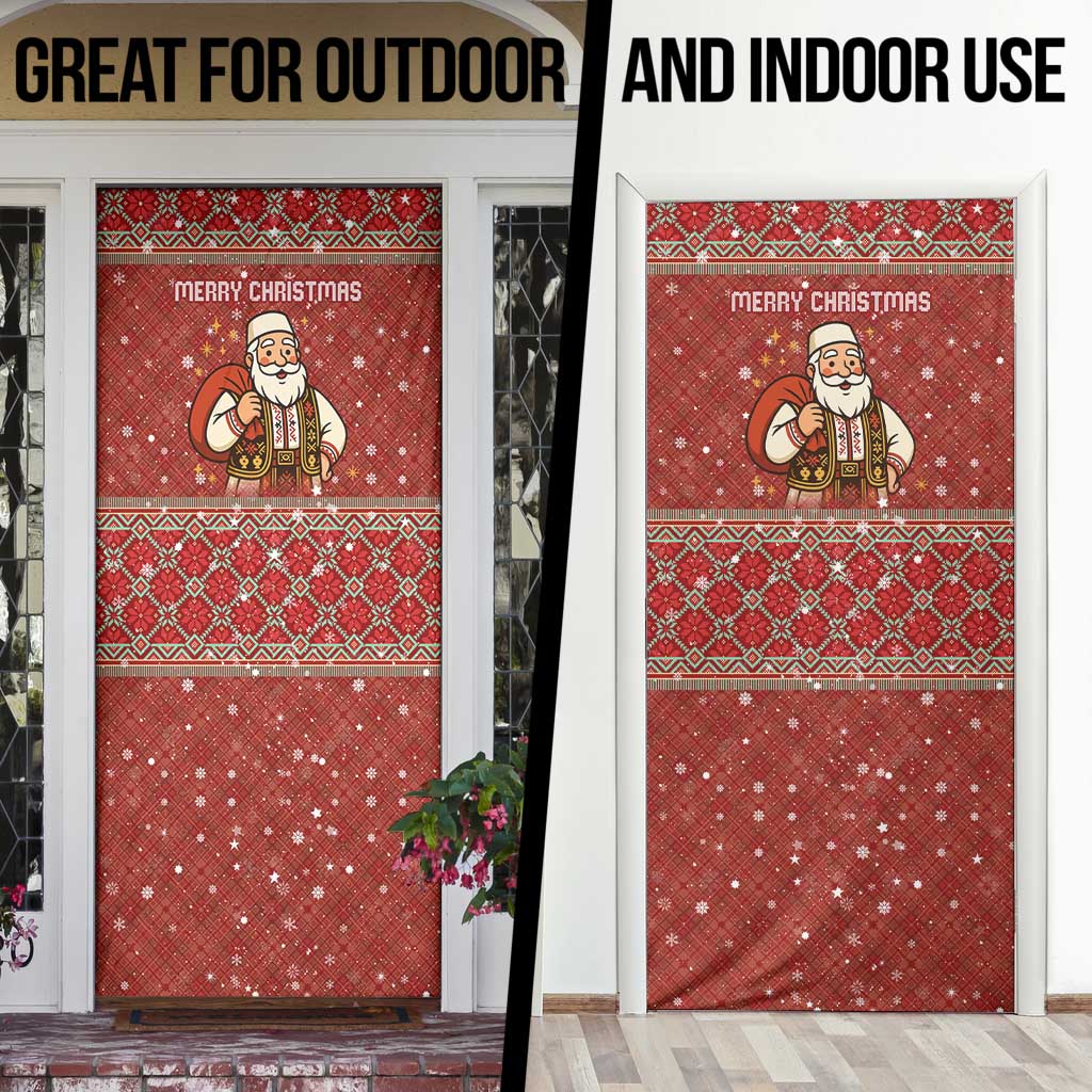 Albania Christmas Door Cover with Red Geometric Design, Golden Double-Headed Eagle, and Santa Motif - Wonder Print Shop