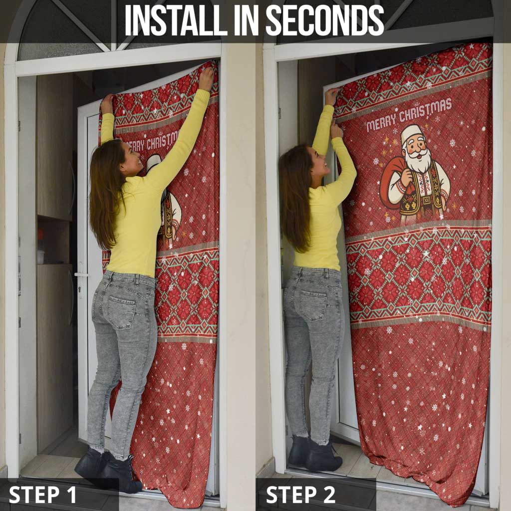 Albania Christmas Door Cover with Red Geometric Design, Golden Double-Headed Eagle, and Santa Motif - Wonder Print Shop